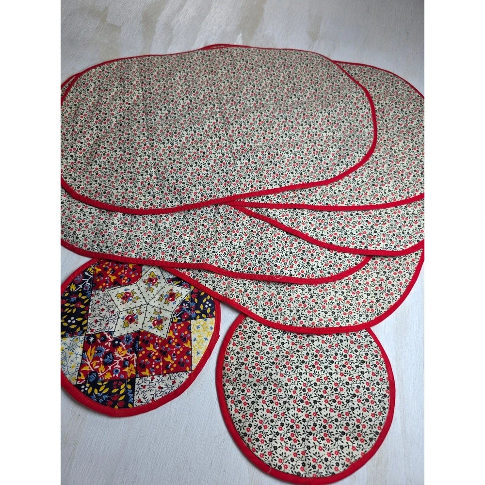 Vintage Handmade Quilted Patchwork Floral Placemats & Trivets Set 7 Red Boho